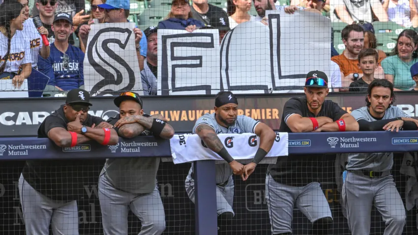 Jun 2, 2024; Milwaukee, Wisconsin, USA;  Chicago White Sox players look on in the ninth inning as the White Sox fell to the Milwaukee Brewers for their 11th consecutive lost at American Family Field. Mandatory Credit: Benny Sieu-USA TODAY Sports