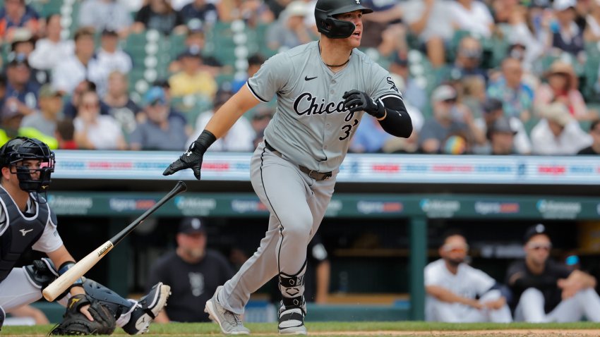 Jun 23, 2024; Detroit, Michigan, USA;  Chicago White Sox right fielder Gavin Sheets (32) hits a double in the seventh inning against the Detroit Tigers at Comerica Park. Mandatory Credit: Rick Osentoski-USA TODAY Sports