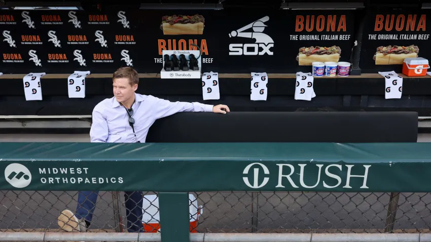 Chicago White Sox general manager Chris Getz sits in the dugout before a game against the Detroit Tigers at Guaranteed Rate Field on Sept. 1, 2023, in Chicago. (John J. Kim/Chicago Tribune/Tribune News Service via Getty Images)