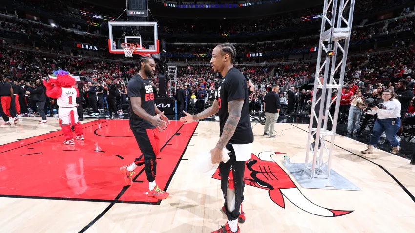 CHICAGO, IL – JANUARY 20: Patrick Williams #44 of the Chicago Bulls and DeMar DeRozan #11 are introduced before the game against the Memphis Grizzlies on January 20, 2024 at United Center in Chicago, Illinois. NOTE TO USER: User expressly acknowledges and agrees that, by downloading and or using this photograph, User is consenting to the terms and conditions of the Getty Images License Agreement. Mandatory Copyright Notice: Copyright 2024 NBAE (Photo by Jeff Haynes/NBAE via Getty Images)