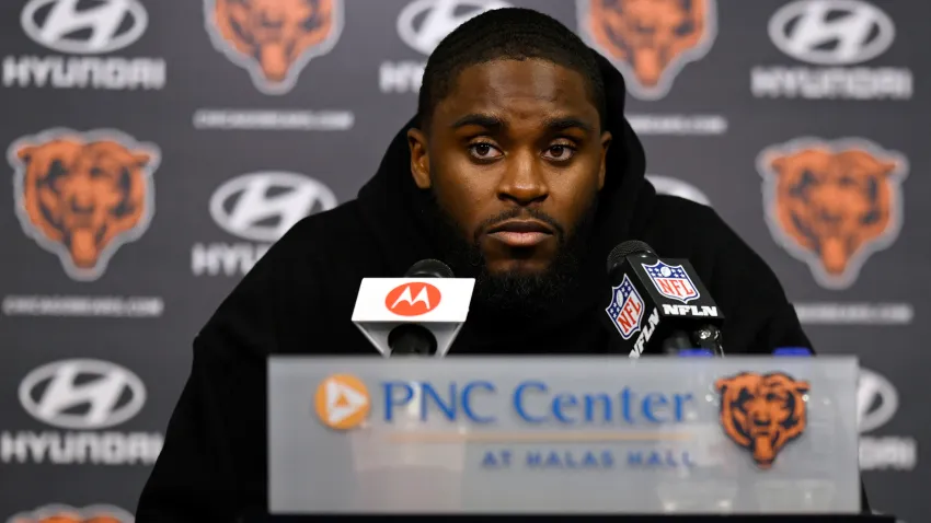 LAKE FOREST, ILLINOIS – JUNE 05: Jaylon Johnson of the Chicago Bears talks during a news conference after the Chicago Bears mandatory minicamp at Halas Hall on June 05, 2024 in Lake Forest, Illinois. (Photo by Quinn Harris/Getty Images)