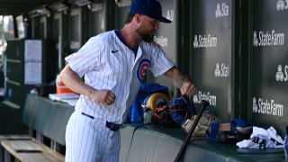 CHICAGO, ILLINOIS – JULY 06: Colten Brewer #54 of the Chicago Cubs punches the dugout wall after being relieved in the third inning against the Los Angeles Angels at Wrigley Field on July 06, 2024 in Chicago, Illinois. (Photo by Quinn Harris/Getty Images)