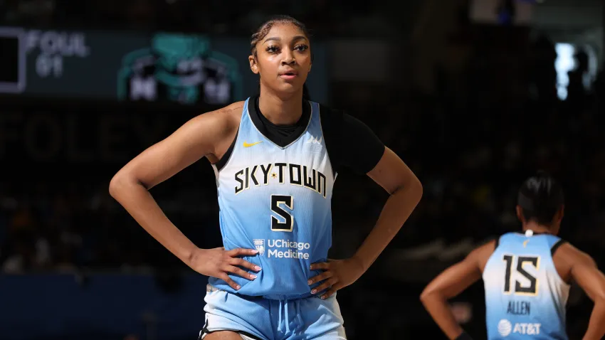 CHICAGO, IL –  JULY 13: Angel Reese #5 of the Chicago Sky looks on during the game against the New York Liberty on July 13, 2024 at the Wintrust Arena in Chicago, IL. NOTE TO USER: User expressly acknowledges and agrees that, by downloading and or using this photograph, User is consenting to the terms and conditions of the Getty Images License Agreement. Mandatory Copyright Notice: Copyright 2024 NBAE (Photo by Jeff Haynes/NBAE via Getty Images)