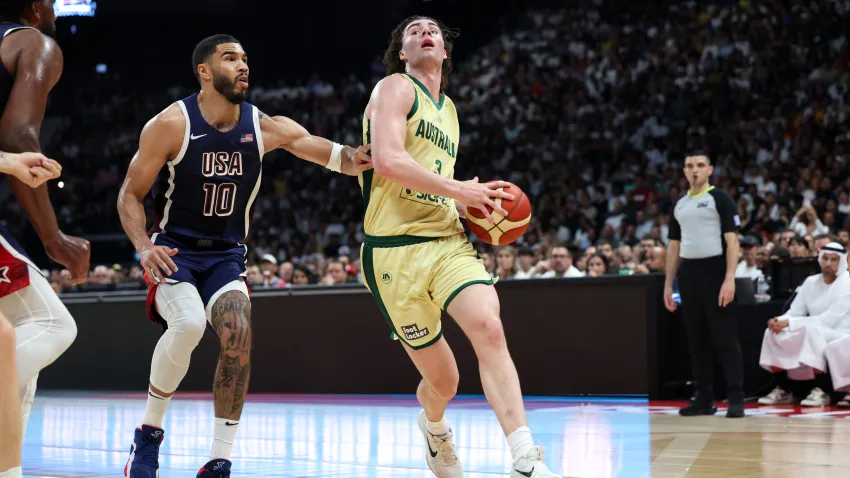 ABU DHABI, UAE – JULY 15: Josh Giddey #3 of the Australian Basketball Men’s Team drives to the basket during the game against Team USA  during the 2024 USA Basketball Showcase on July 15, 2024 in Abu Dhabi, The United Arab Emirates at Etihad Arena. NOTE TO USER: User expressly acknowledges and agrees that, by downloading and/or using this Photograph, user is consenting to the terms and conditions of the Getty Images License Agreement. Mandatory Copyright Notice: Copyright 2024 NBAE (Photo by Joe Murphy/NBAE via Getty Images)