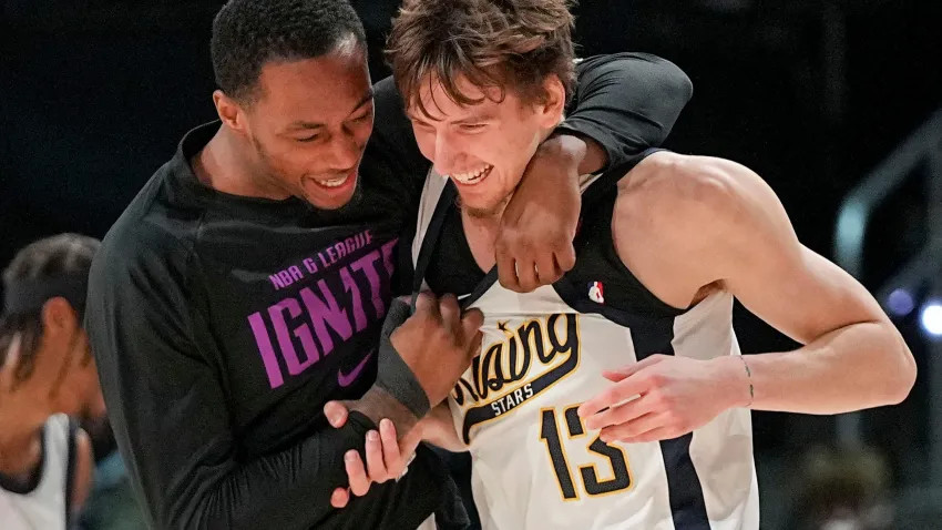 Team Detlef forward Matas Buzelis, right, of the G League Ignite celebrates with a teammate after hitting the winning shot during a Rising Stars semifinal game at Gainbridge Fieldhouse, Feb. 16, 2024 in Indianapolis.