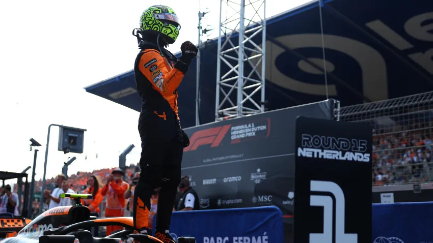 Race winner Lando Norris of Great Britain and McLaren celebrates in parc ferme