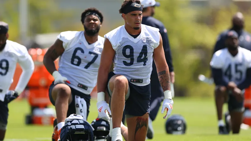 LAKE FOREST, ILLINOIS – MAY 11: Austin Booker #94 of the Chicago Bears looks on during Chicago Bears Rookie Minicamp at Halas Hall on May 11, 2024 in Lake Forest, Illinois.  (Photo by Michael Reaves/Getty Images)