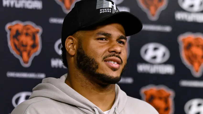 LAKE FOREST, ILLINOIS – JUNE 06: T.J. Edwards #53 of the Chicago Bears speaks during a new conference after the Chicago Bears mandatory minicamp at Halas Hall on June 06, 2024 in Lake Forest, Illinois. (Photo by Quinn Harris/Getty Images)