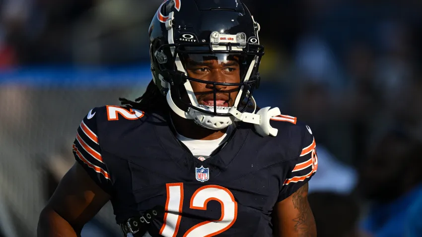 CANTON, OH – AUGUST 01: Chicago Bears WR Velus Jones Jr. (12) during warmups for a National Football League preseason game between the Chicago Bears and Houston Texans on August 1, 2024 at Tom Benson Hall of Fame Stadium in Canton, OH. (Photo by James Black/Icon Sportswire via Getty Images)