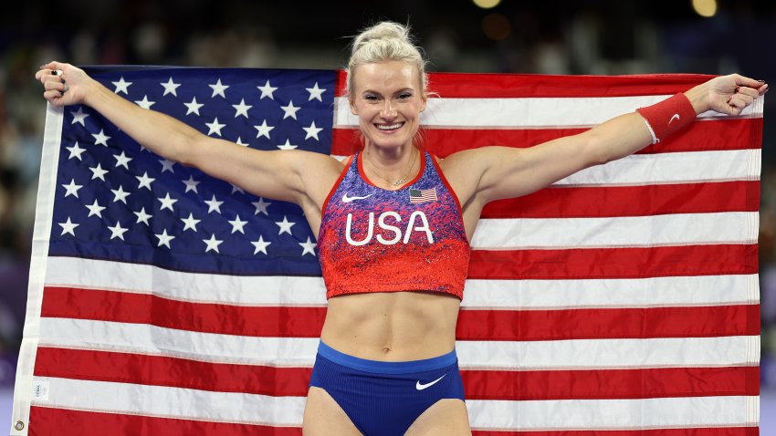 Silver medalist Katie Moon of Team United States celebrates after competing in the Women's Pole Vault Final on day twelve of the Olympic Games Paris 2024 at Stade de France.