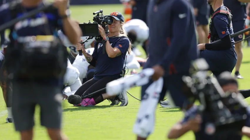 The “Hard Knocks” camera and sound crew film during Chicago Bears training camp at Halas Hall on Aug. 7, 2024, in Lake Forest, Illinois. (Stacey Wescott/Chicago Tribune/Tribune News Service via Getty Images)