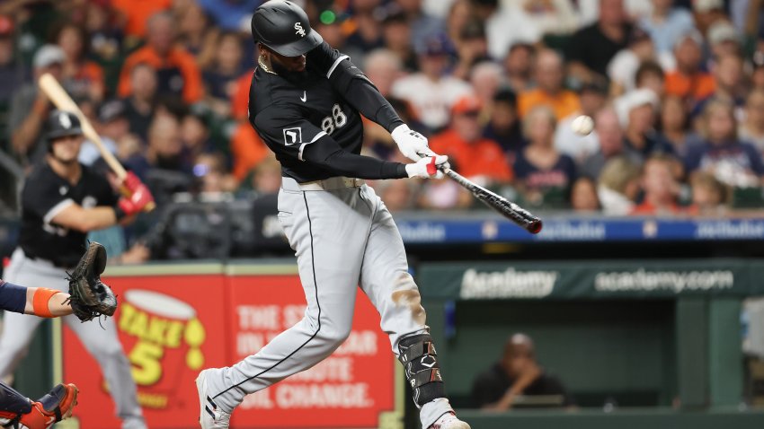 HOUSTON, TEXAS – AUGUST 16: Luis Robert Jr. #88 of the Chicago White Sox hits a solo home run in the fifth inning against the Houston Astros at Minute Maid Park on August 16, 2024 in Houston, Texas. (Photo by Tim Warner/Getty Images)