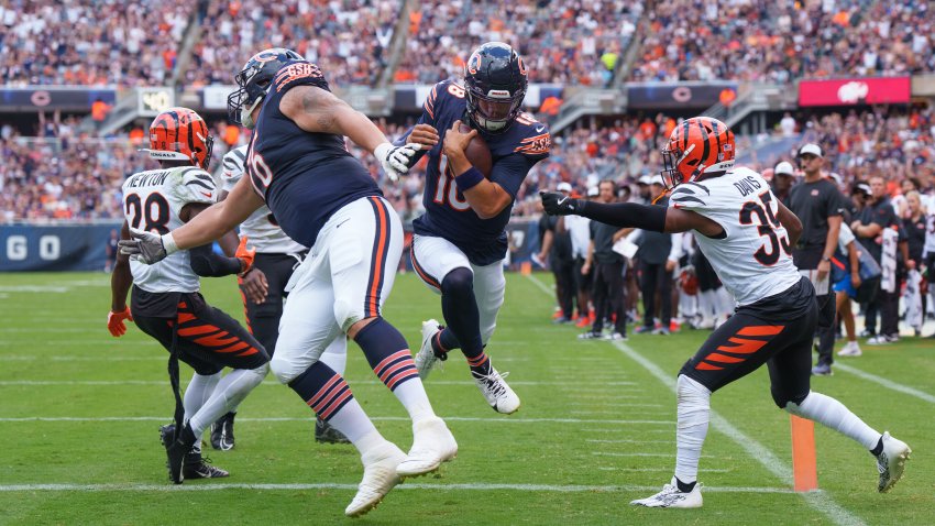 CHICAGO, IL – AUGUST 17: Caleb Williams #18 of the Chicago Bears runs into the end zone during the second quarter during the second quarter of an NFL preseason football game against the Cincinnati Bengals, at Soldier Field on August 17, 2024 in Chicago, Illinois. (Photo by Todd Rosenberg/Getty Images)