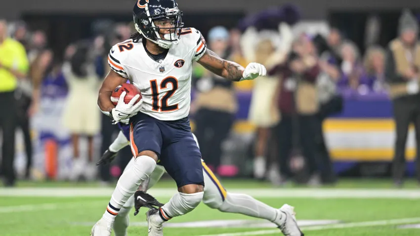 Nov 27, 2023; Minneapolis, Minnesota, USA; Chicago Bears wide receiver Velus Jones Jr. (12) returns a kickoff during the game against the Minnesota Vikings at U.S. Bank Stadium. Mandatory Credit: Jeffrey Becker-USA TODAY Sports