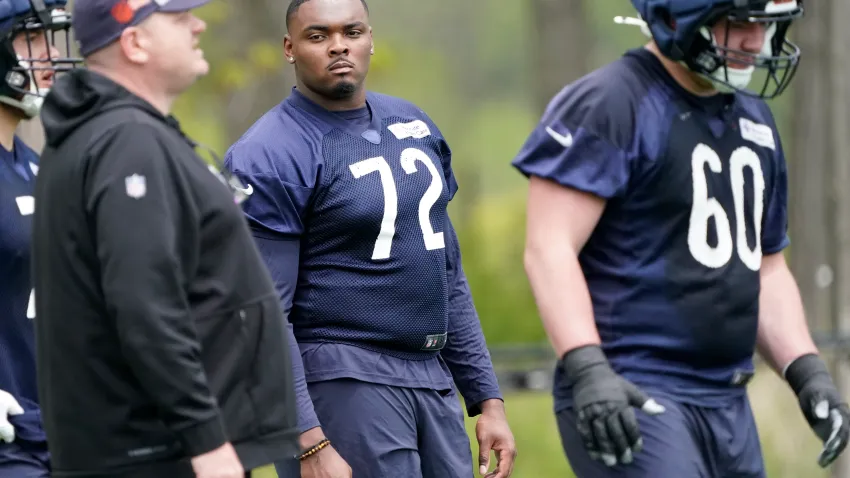 May 10, 2024; Lake Forest, IL, USA; Chicago Bears offensive lineman Kiran Amegadjie (72) during Chicago Bears rookie minicamp at Halas Hall. Mandatory Credit: David Banks-USA TODAY Sports