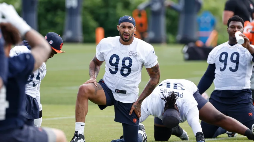 Jun 5, 2024; Lake Forest, IL, USA; Chicago Bears defensive end Montez Sweat (98) looks on during the team’s minicamp at Halas Hall. Mandatory Credit: Kamil Krzaczynski-USA TODAY Sports