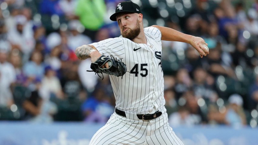 Aug 9, 2024; Chicago, Illinois, USA; Chicago White Sox starting pitcher Garrett Crochet (45) delivers a pitch against the Chicago Cubs during the first inning at Guaranteed Rate Field. Mandatory Credit: Kamil Krzaczynski-USA TODAY Sports