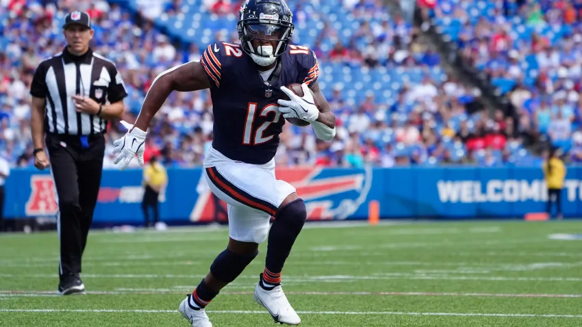 Aug 10, 2024; Orchard Park, New York, USA; Chicago Bears wide receiver Velus Jones Jr. (12) runs with the ball for a touchdown against the Buffalo Bills during the second half at Highmark Stadium. Mandatory Credit: Gregory Fisher-USA TODAY Sports