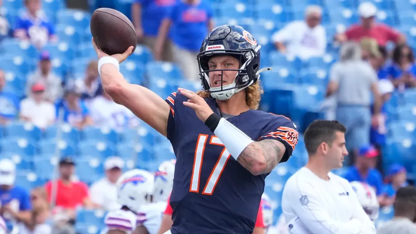 Aug 10, 2024; Orchard Park, New York, USA; Chicago Bears quarterback Tyson Bagent (17) warms up prior to the game against the Buffalo Bills at Highmark Stadium. Mandatory Credit: Gregory Fisher-USA TODAY Sports