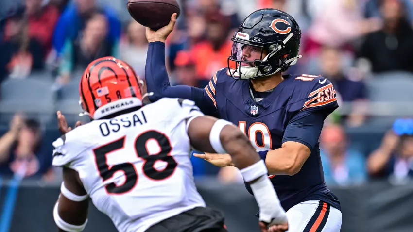 Aug 17, 2024; Chicago, Illinois, USA; Chicago Bears quarterback Caleb Williams (18) passes the ball against the Cincinnati Bengals during the first quarter at Soldier Field. Mandatory Credit: Daniel Bartel-USA TODAY Sports