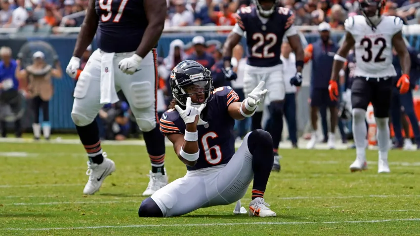 Aug 17, 2024; Chicago, Illinois, USA; Chicago Bears cornerback Kyler Gordon (6) gestures after sacking Cincinnati Bengals quarterback Logan Woodside (11) during the first half at Soldier Field. Mandatory Credit: David Banks-USA TODAY Sports