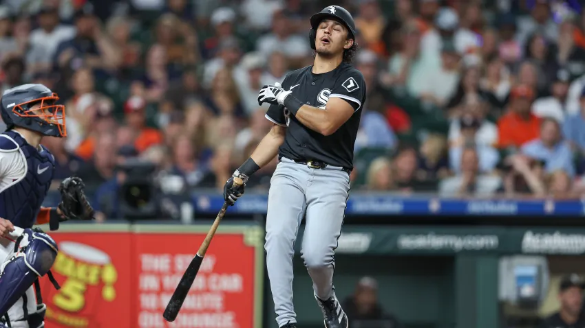 Aug 17, 2024; Houston, Texas, USA; Chicago White Sox shortstop Nicky Lopez (8) reacts after striking out during the eighth inning against the Houston Astros at Minute Maid Park. Mandatory Credit: Troy Taormina-USA TODAY Sports