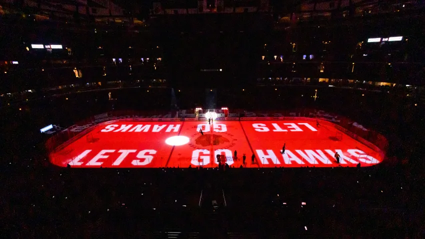 CHICAGO, IL – NOVEMBER 26: A general wide angle view  of ice projections prior to a game between the Dallas Stars and the Chicago Blackhawks on November 26, 2019, at the United Center in Chicago, IL. (Photo by Patrick Gorski/Icon Sportswire via Getty Images)