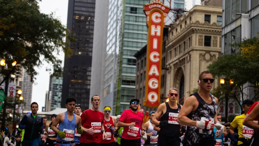 Runners compete during the Chicago Marathon in downtown Chicago on Oct. 8, 2023. Kenya’s 23-year-old Kelvin Kiptum won Sunday’s Chicago Marathon in a world-record time of two hours and 35 seconds. (Photo by Vincent D. Johnson/Xinhua via Getty Images)