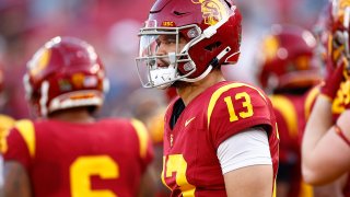 LOS ANGELES, CALIFORNIA – NOVEMBER 04:   Caleb Williams #13 of the USC Trojans at United Airlines Field at the Los Angeles Memorial Coliseum on November 04, 2023 in Los Angeles, California. (Photo by Ronald Martinez/Getty Images)