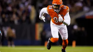 CHICAGO, ILLINOIS – NOVEMBER 09: Montez Sweat #98 of the Chicago Bears runs around the edge during an NFL football game against the Carolina Panthers at Soldier Field on November 9, 2023 in Chicago, Illinois. (Photo by Ryan Kang/Getty Images)