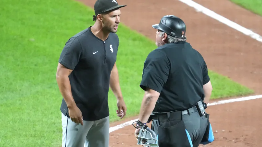 BALTIMORE, MD – SEPTEMBER 03:  Interim manger Grady Sizemore #28 of the Chicago White Sox argues a call with umpire Hunter Wendlestaedt in the sixth inning  during a baseball game against the Baltimore Orioles at Oriole Park at Camden Yards on September 3, 2024 in Baltimore, Maryland.  (Photo by Mitchell Layton/Getty Images)