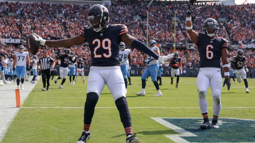 Chicago Bears cornerback Tyrique Stevenson (29) celebrates scoring the winning touchdown on an interception return against the Tennessee Titans in the fourth quarter Sunday, Sept. 8, 2024, at Soldier Field in Chicago. The Bears defeated the Titans 24-17. (Brian Cassella/Chicago Tribune/Tribune News Service via Getty Images)