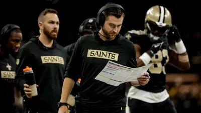 NEW  ORLEANS, LOUISIANA – SEPTEMBER 8: New Orleans Saints offensive coordinator Klint Kubiak on the sideline  during the second half against the Carolina Panthers at the Caesars Superdome on September 8, 2024 in New Orleans, Louisiana. (Photo by Derick E. Hingle/Getty Images)