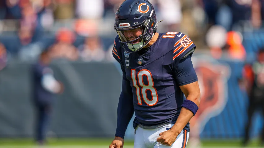 CHICAGO,  – SEPTEMBER 8: Quarterback Caleb Williams #18 of the Chicago Bears celebrates a two point conversion during the fourth quarter of an NFL football game against the Tennessee Titans at Soldier Field on September 8, 2024 in Chicago, Illinois. (Photo by Todd Rosenberg/Getty Images)