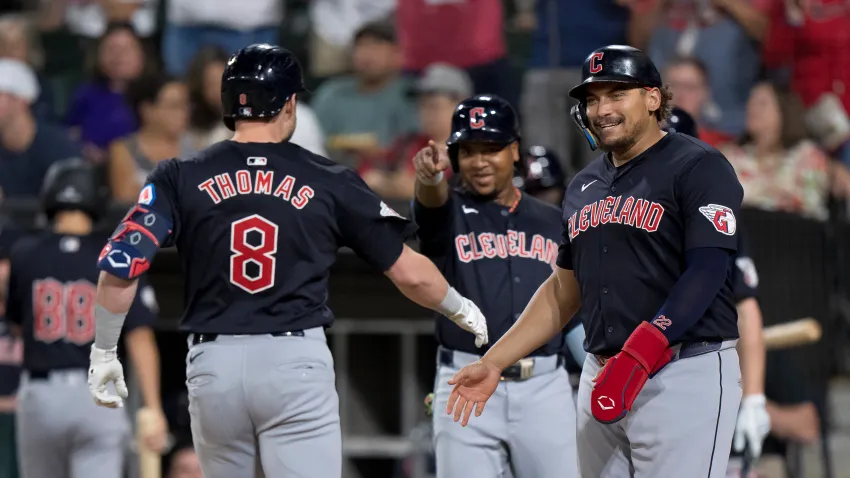 CHICAGO, ILLINOIS – SEPTEMBER 10: Lane Thomas #8 of the Cleveland Guardians celebrates with Josh Naylor #22 after hitting a three-run home run in the sixth inning during a game against the Chicago White Sox at Guaranteed Rate Field on September 10, 2024 in Chicago, Illinois. (Photo by Matt Dirksen/Getty Images)