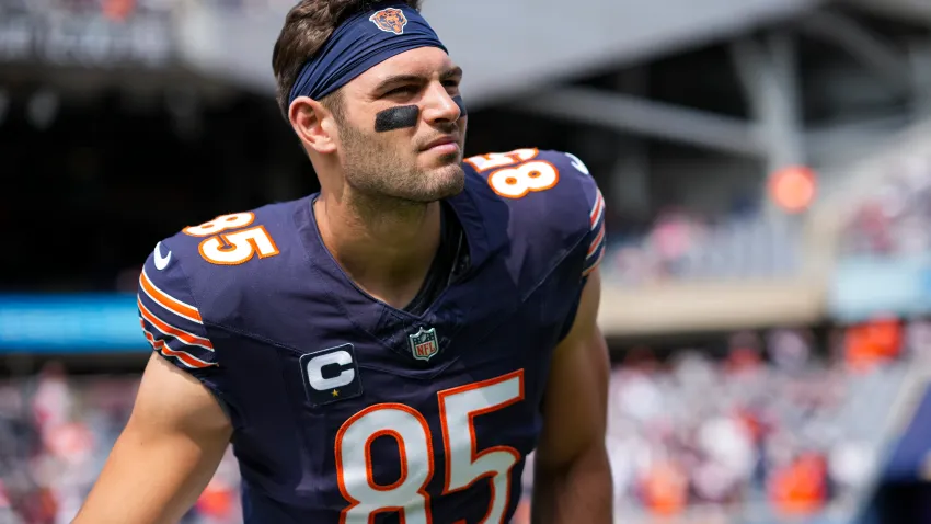 CHICAGO, IL – SEPTEMBER 8: Tight end Cole Kmet #85 of the Chicago Bears stretches prior to an NFL football game against the Tennessee Titans, at Soldier Field on September 8, 2024 in Chicago, Illinois. (Photo by Todd Rosenberg/Getty Images)