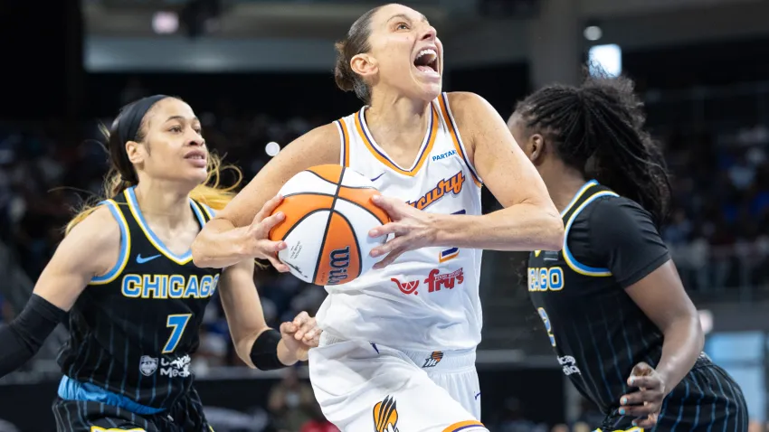 CHICAGO, ILLINOIS – SEPTEMBER 15: Diana Taurasi #3 of the Phoenix Mercury draws a foul while driving to the basket in the third quarter against the Chicago Sky at Wintrust Arena on September 15, 2024 in Chicago, Illinois. NOTE TO USER: User expressly acknowledges and agrees that, by downloading and or using this photograph, User is consenting to the terms and conditions of the Getty Images License Agreement. (Photo by Geoff Stellfox/Getty Images)