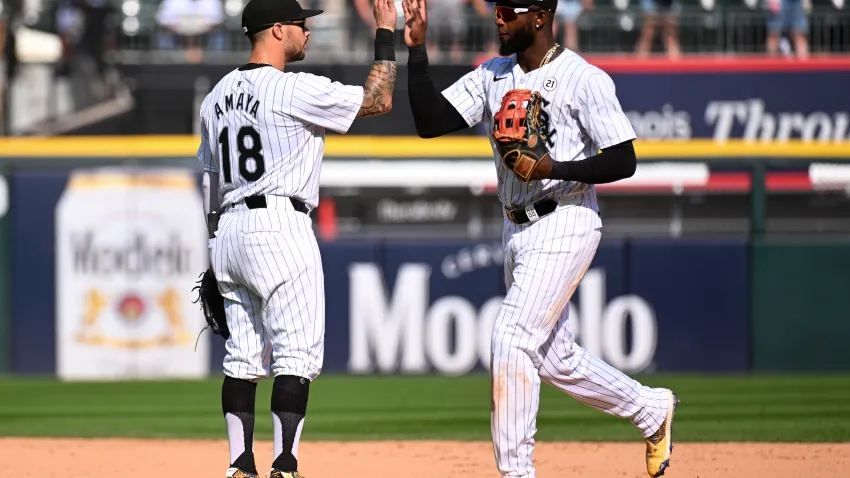 CHICAGO, ILLINOIS – SEPTEMBER 15: Jacob Amaya #18 and Luis Robert Jr. #88 of the Chicago White Sox celebrate their team win over the Oakland Athletics at Guaranteed Rate Field on September 15, 2024 in Chicago, Illinois. The White Sox defeated the Athletics 4-3. (Photo by Nuccio DiNuzzo/Getty Images)