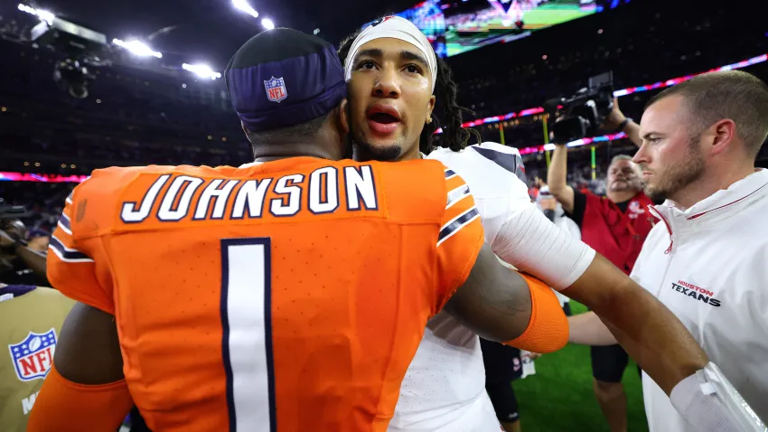 HOUSTON, TEXAS – SEPTEMBER 15: Jaylon Johnson #1 of the Chicago Bears hugs C.J. Stroud #7 of the Houston Texans following the game at NRG Stadium on September 15, 2024 in Houston, Texas. (Photo by Alex Slitz/Getty Images)