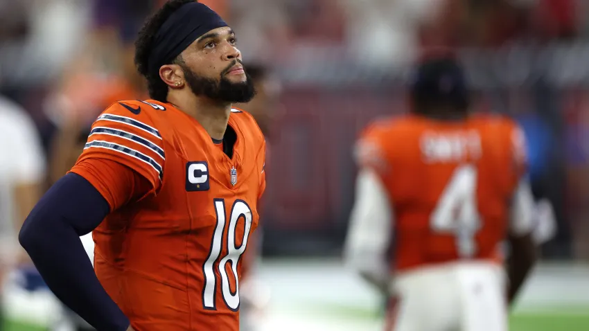 HOUSTON, TEXAS – SEPTEMBER 15: Caleb Williams #18 of the Chicago Bears reacts during the second half against the Houston Texans at NRG Stadium on September 15, 2024 in Houston, Texas. (Photo by Tim Warner/Getty Images)