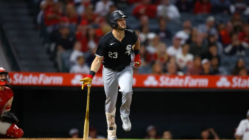 ANAHEIM, CALIFORNIA – SEPTEMBER 16:  Andrew Benintendi #23 of the Chicago White Sox hits a home run against the Los Angeles Angels in the seventh inning at Angel Stadium of Anaheim on September 16, 2024 in Anaheim, California. (Photo by Ronald Martinez/Getty Images)