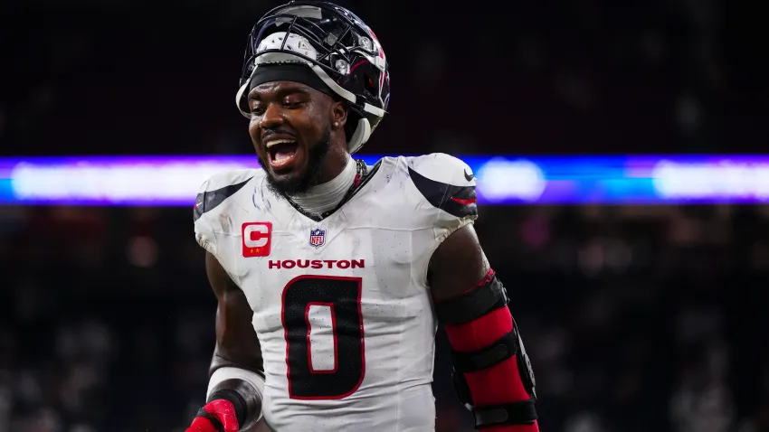 HOUSTON, TX – SEPTEMBER 15: Azeez Al-Shaair #0 of the Houston Texans celebrates after an NFL football game against the Chicago Bears during a football game at NRG Stadium on September 15, 2024 in Houston, Texas. (Photo by Cooper Neill/Getty Images)