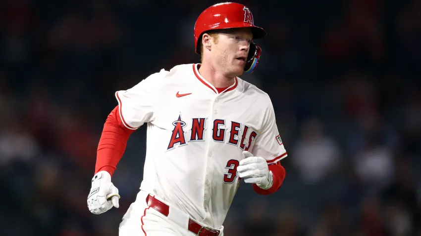 ANAHEIM, CALIFORNIA – SEPTEMBER 17: Eric Wagaman #34 of the Los Angeles Angels runs to first base after hitting a single during the eighth inning against the Chicago White Sox at Angel Stadium of Anaheim on September 17, 2024 in Anaheim, California. (Photo by Katelyn Mulcahy/Getty Images)