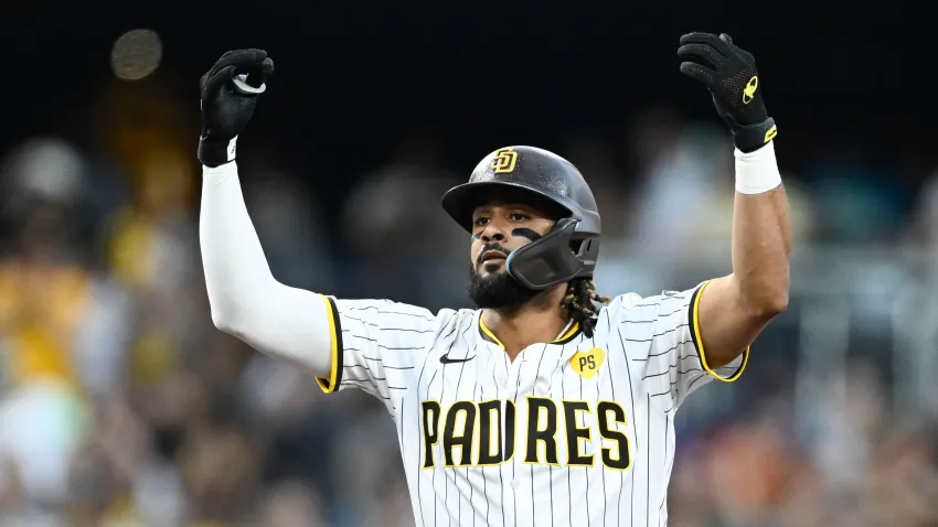 SAN DIEGO, CA – SEPTEMBER 21: Fernando Tatis Jr. #23 of the San Diego Padres gestures after hitting a double during the third inning of a baseball game against the Chicago White Sox, September 21, 2024 at Petco Park in San Diego, California. (Photo by Denis Poroy/Getty Images)