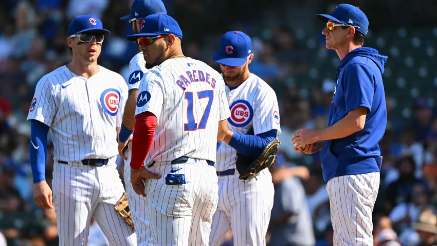 CHICAGO, ILLINOIS – SEPTEMBER 18: Manager Craig Counsell #30 of the Chicago Cubs stands on the mound after removing Drew Smyly #11 during the seventh inning of a game against the Oakland Athletics at Wrigley Field on September 18, 2024 in Chicago, Illinois. The Athletics defeated the Cubs 5-3. (Photo by Nuccio DiNuzzo/Getty Images)