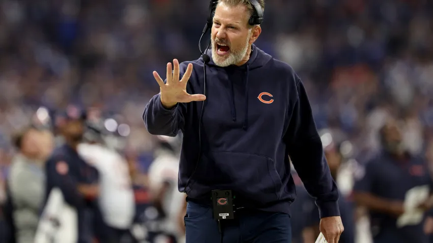 INDIANAPOLIS, INDIANA – SEPTEMBER 22: Head coach Matt Eberflus reacts during the second half of the game against the Indianapolis Colts at Lucas Oil Stadium on September 22, 2024 in Indianapolis, Indiana. (Photo by Michael Hickey/Getty Images)