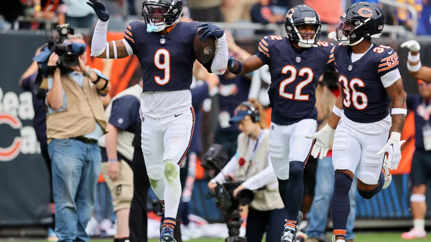 CHICAGO, ILLINOIS – SEPTEMBER 29: Jaquan Brisker #9 of the Chicago Bears celebrates after his interception against the Los Angeles Rams during the fourth quarter at Soldier Field on September 29, 2024 in Chicago, Illinois. (Photo by Michael Reaves/Getty Images)