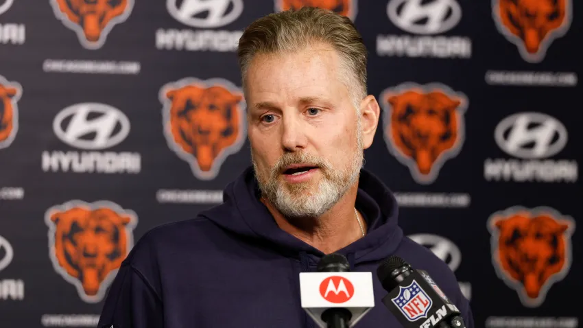 May 31, 2024; Lake Forest, IL, USA; Chicago Bears head coach Matt Eberflus speaks during organized team activities at Halas Hall. Mandatory Credit: Kamil Krzaczynski-USA TODAY Sports