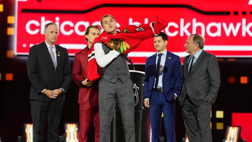 Jun 28, 2024; Las Vegas, Nevada, USA; Artyom Levshunov is selected with the 2nd overall pick in the first round of the 2024 NHL Draft by the Chicago Blackhawks at The Sphere. Mandatory Credit: Stephen R. Sylvanie-USA TODAY Sports