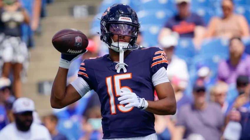 Aug 10, 2024; Orchard Park, New York, USA; Chicago Bears wide receiver Rome Odunze (15) warms up prior to the game against the Chicago Bears at Highmark Stadium. Mandatory Credit: Gregory Fisher-USA TODAY Sports